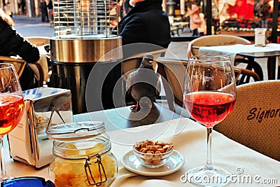 pigeons in Piazza dei Signori on the tables as normal customers Editorial Stock Photo